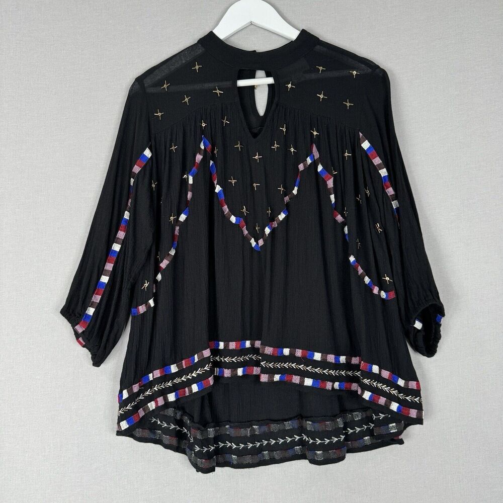 Chloe Oliver Womens Top Extra Small Black Beaded Embroidered Peasant Blouse Boho